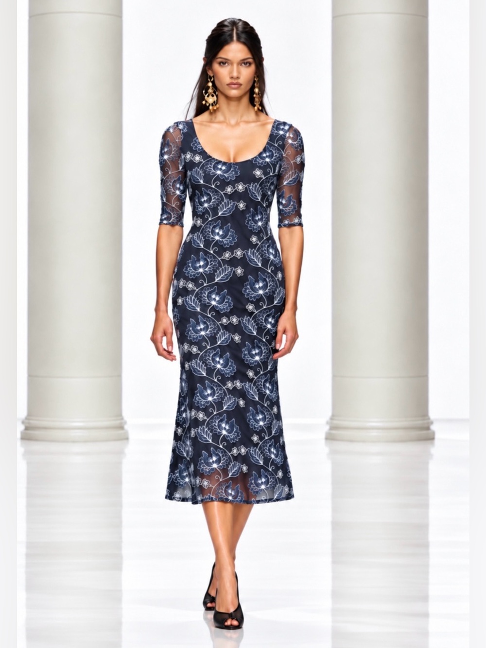 New🌺$255JohnnyWasMaya Mesh Midi Dress Luna Meadows Embroidered Slate Blue Grey M
